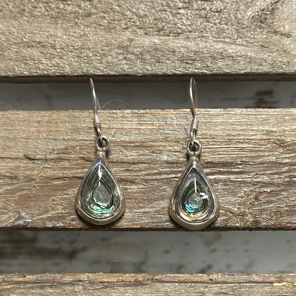 Mexico taxco sterling silver great shape teardrop abalone sea shell earrings